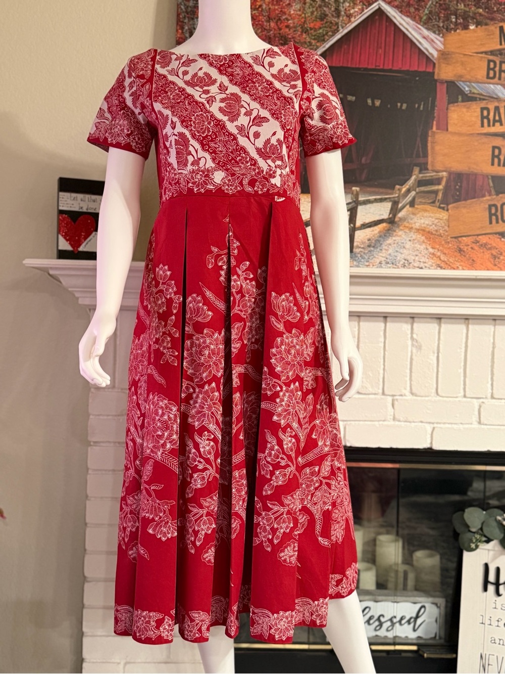 Red Floral Midi Dress - Elegant BATIK Dress